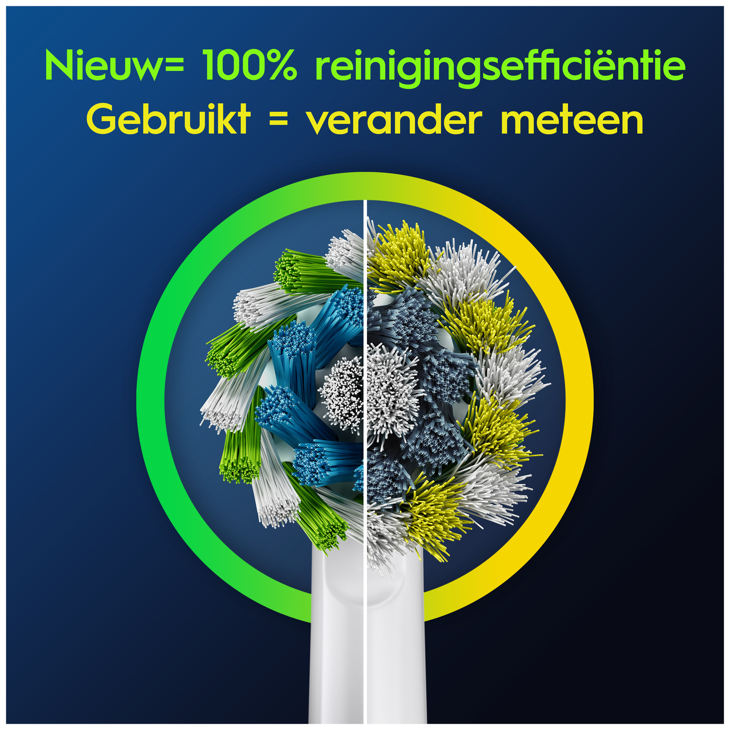 New brush head with green and blue bristles, used with grey and yellow.