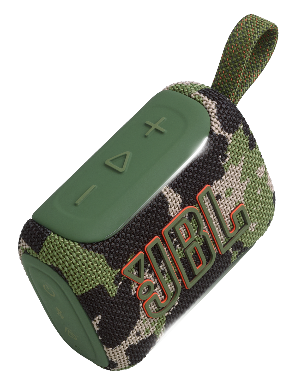 Zielony głośnik w kamuflażu z logo JBL i pętelką.