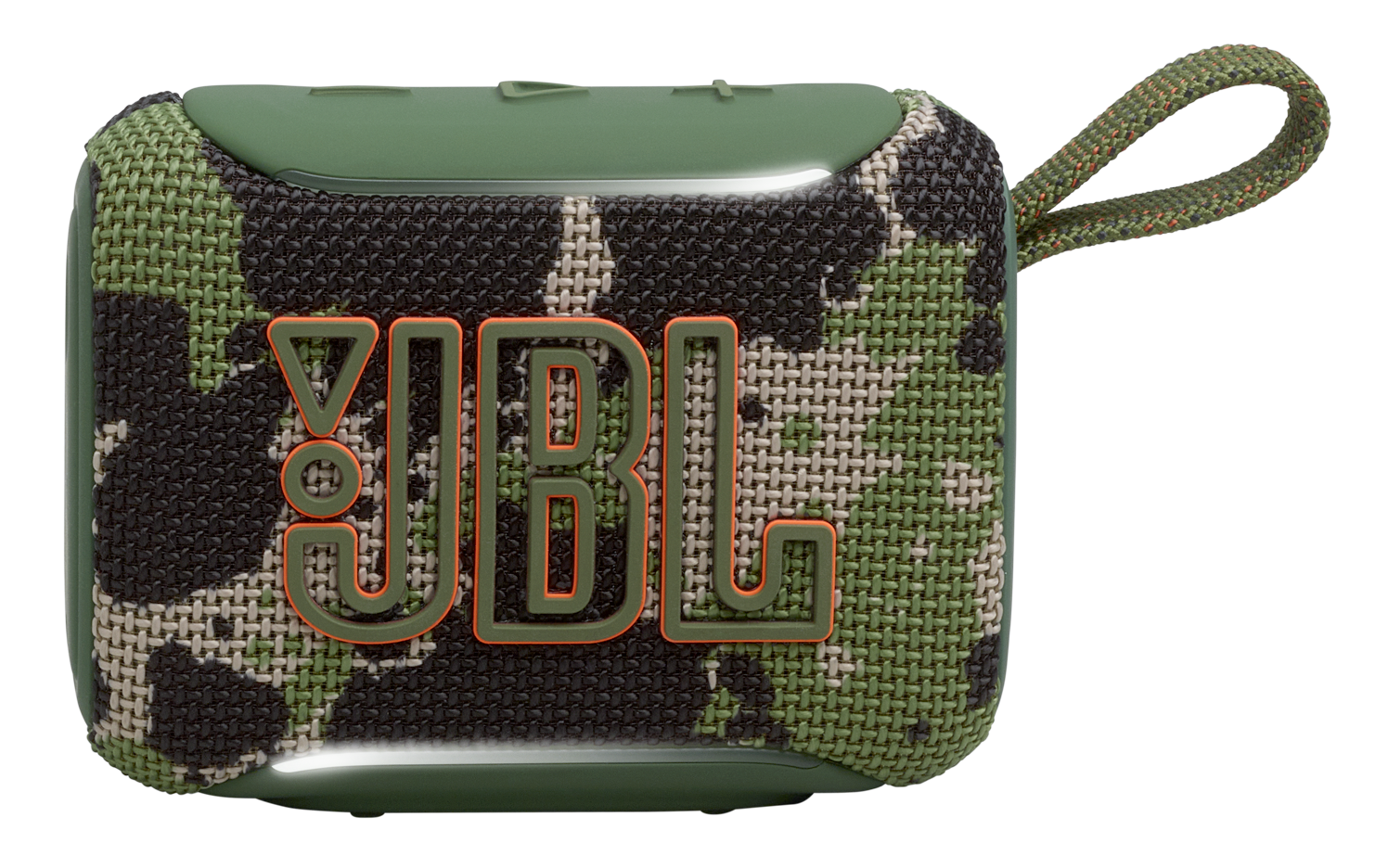 Zielony głośnik JBL w kamuflażu, z pomarańczowym logo i paskiem.