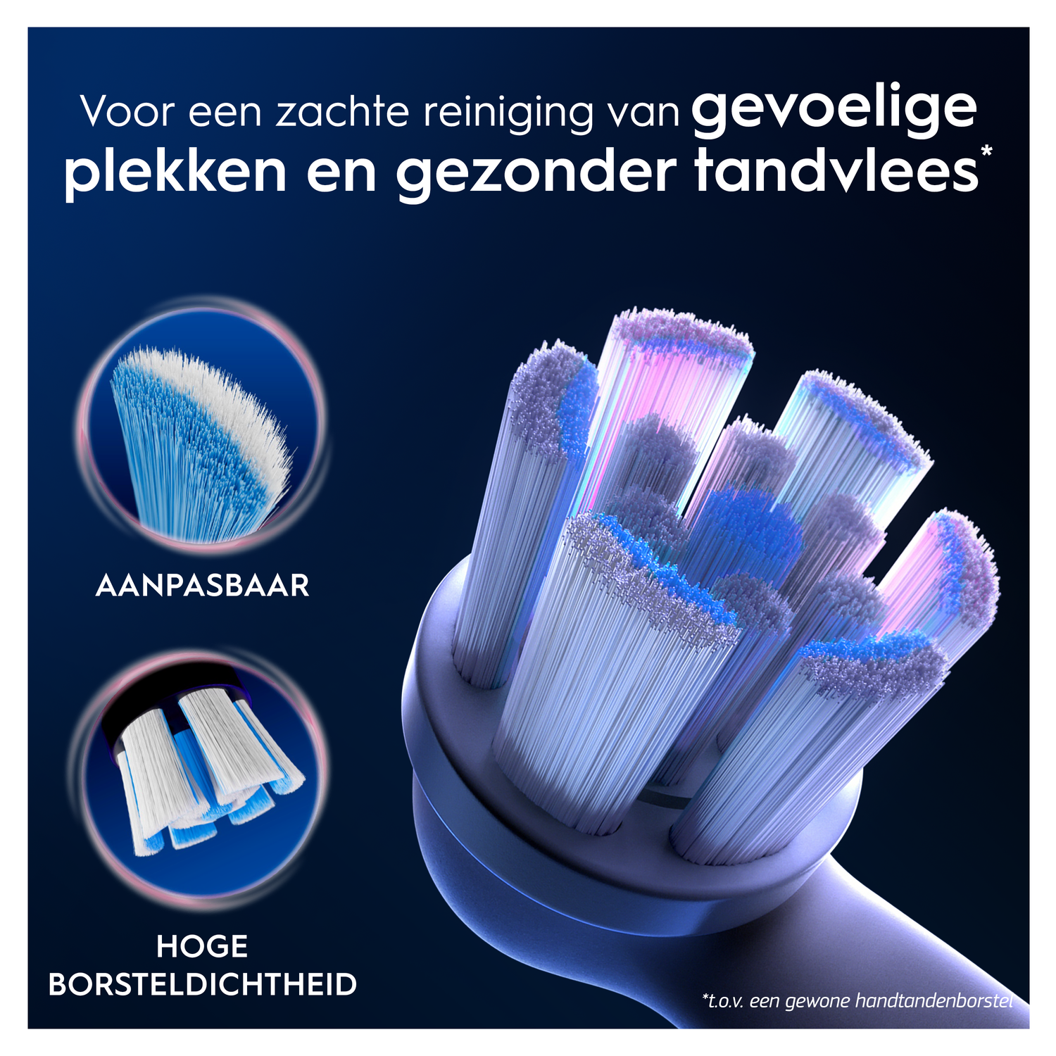 Close-up of a toothbrush head with blue and white bristles.