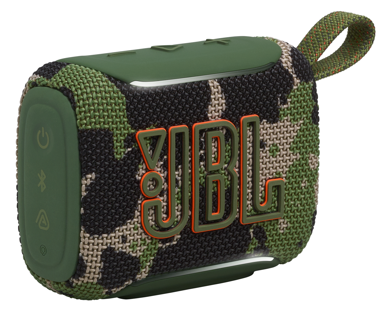 Zielony głośnik JBL w kamuflażu z pomarańczowym logo i pętelką.