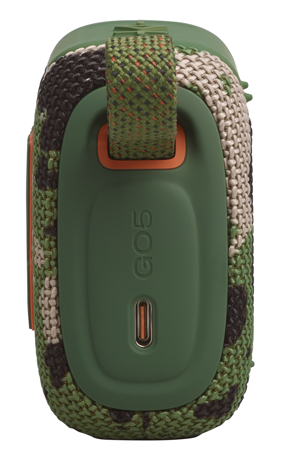 Zielony głośnik w kamuflażu, z portem USB-C i paskiem do przenoszenia.