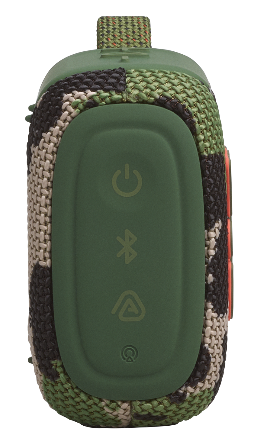 Zielony głośnik Bluetooth w kamuflażu z przyciskami sterującymi.