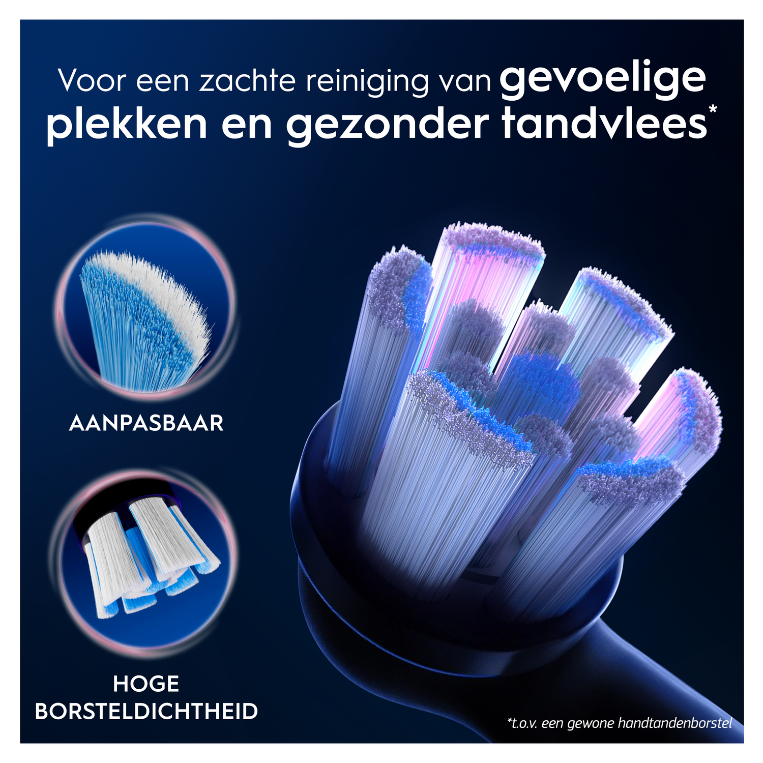 Close-up of electric toothbrush heads with blue and white bristles on a dark background.