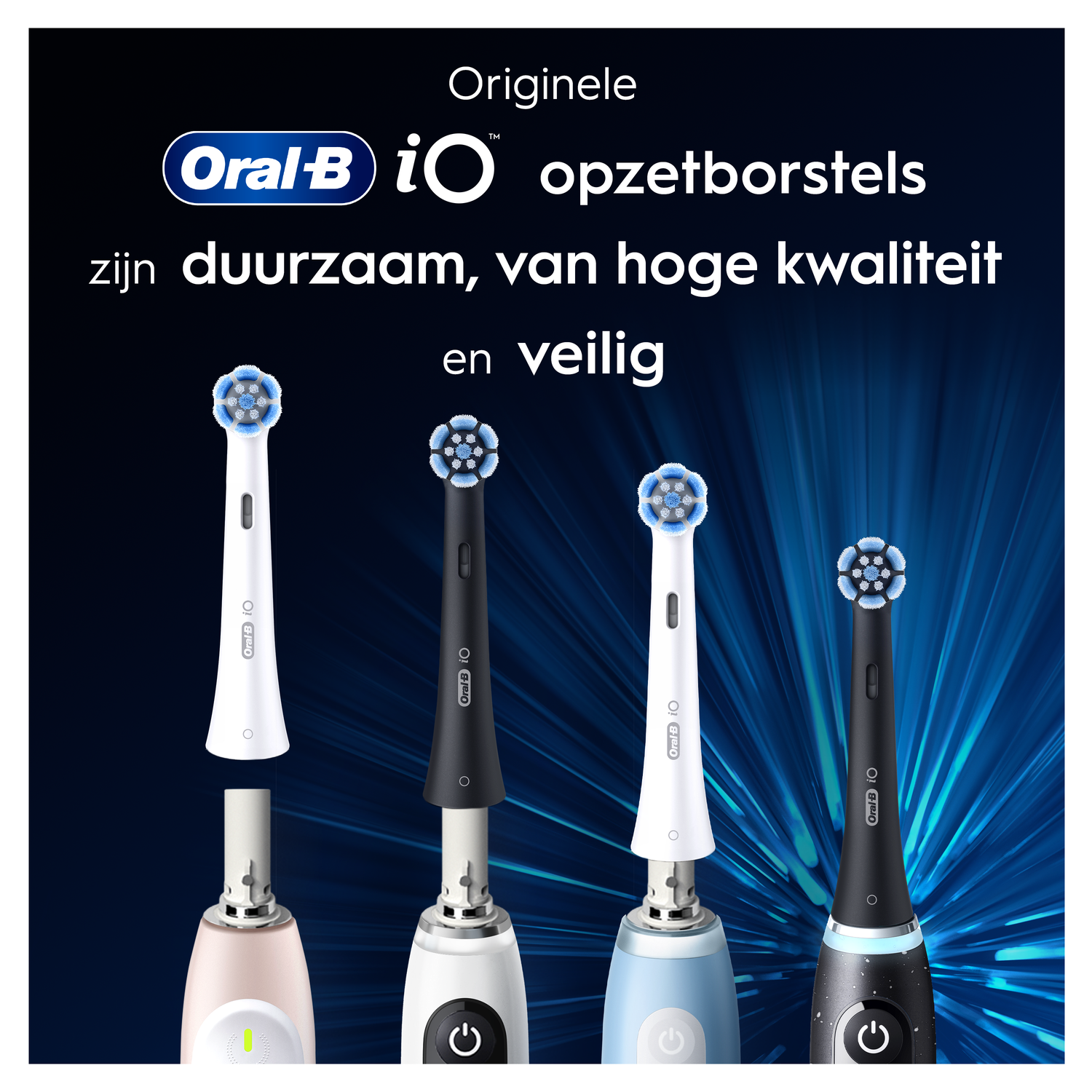 Four Oral-B iO brush heads in different colors against a blue background.