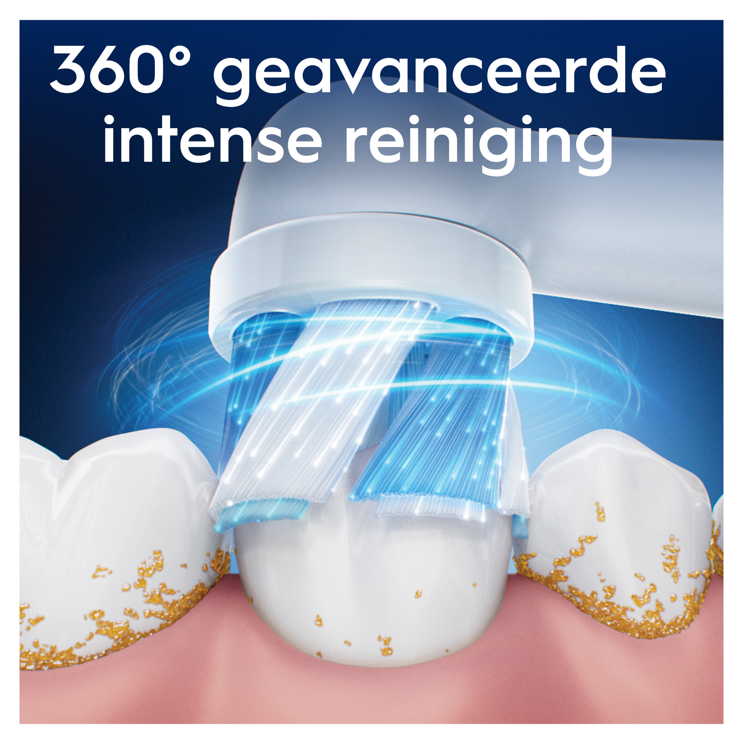 Electric toothbrush cleans teeth with blue bristles removing plaque.