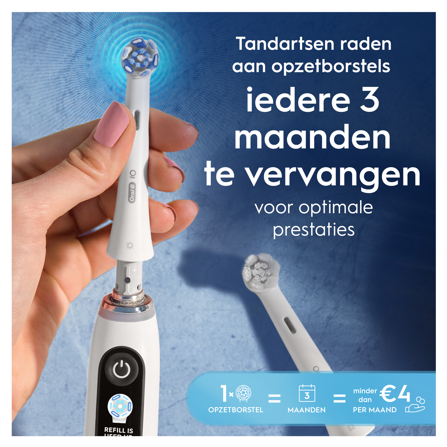 A hand holds a toothbrush with a blue and white brush head. Text: 3 months.