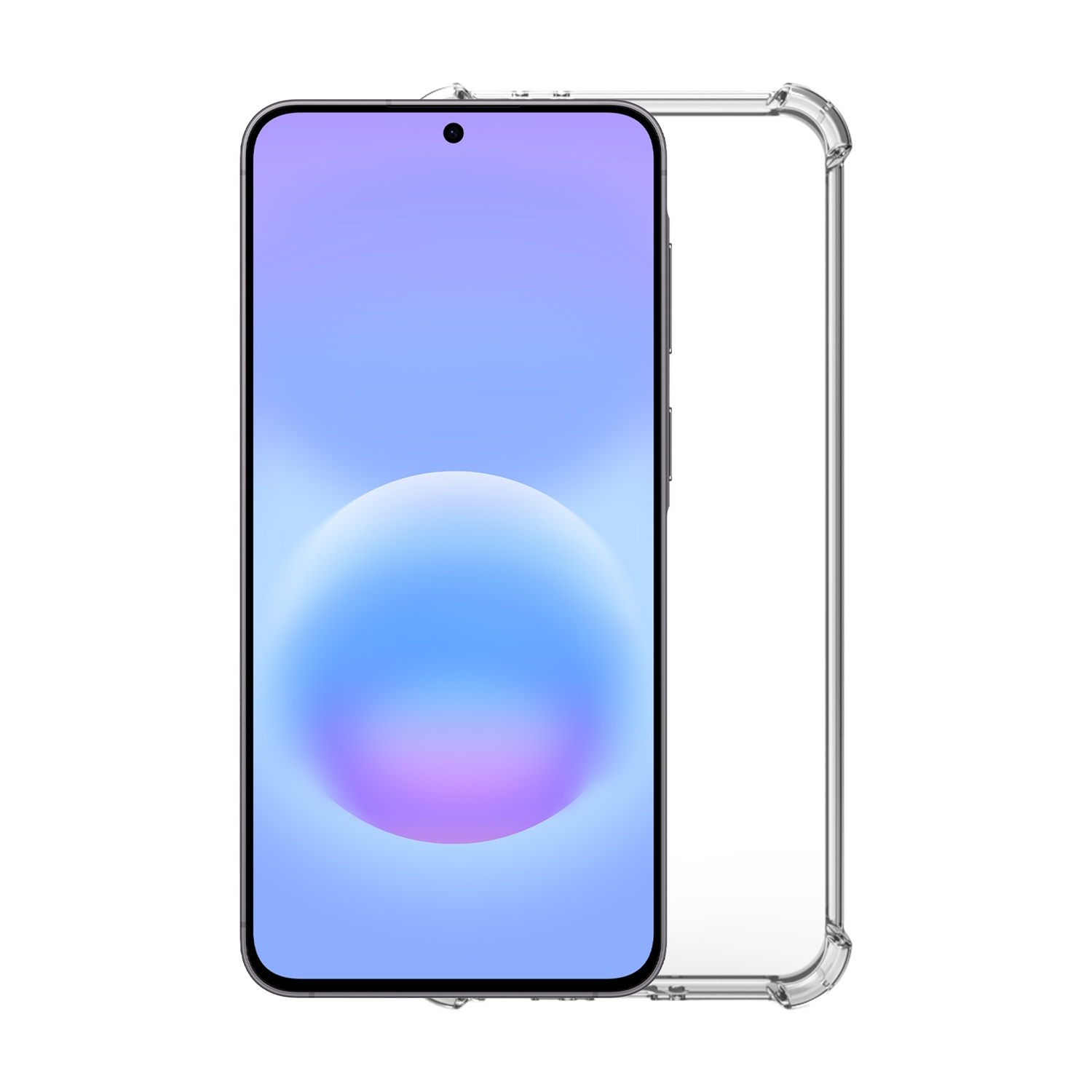 Custodia trasparente per telefono accanto a uno smartphone con grafica di sfondo blu e viola.