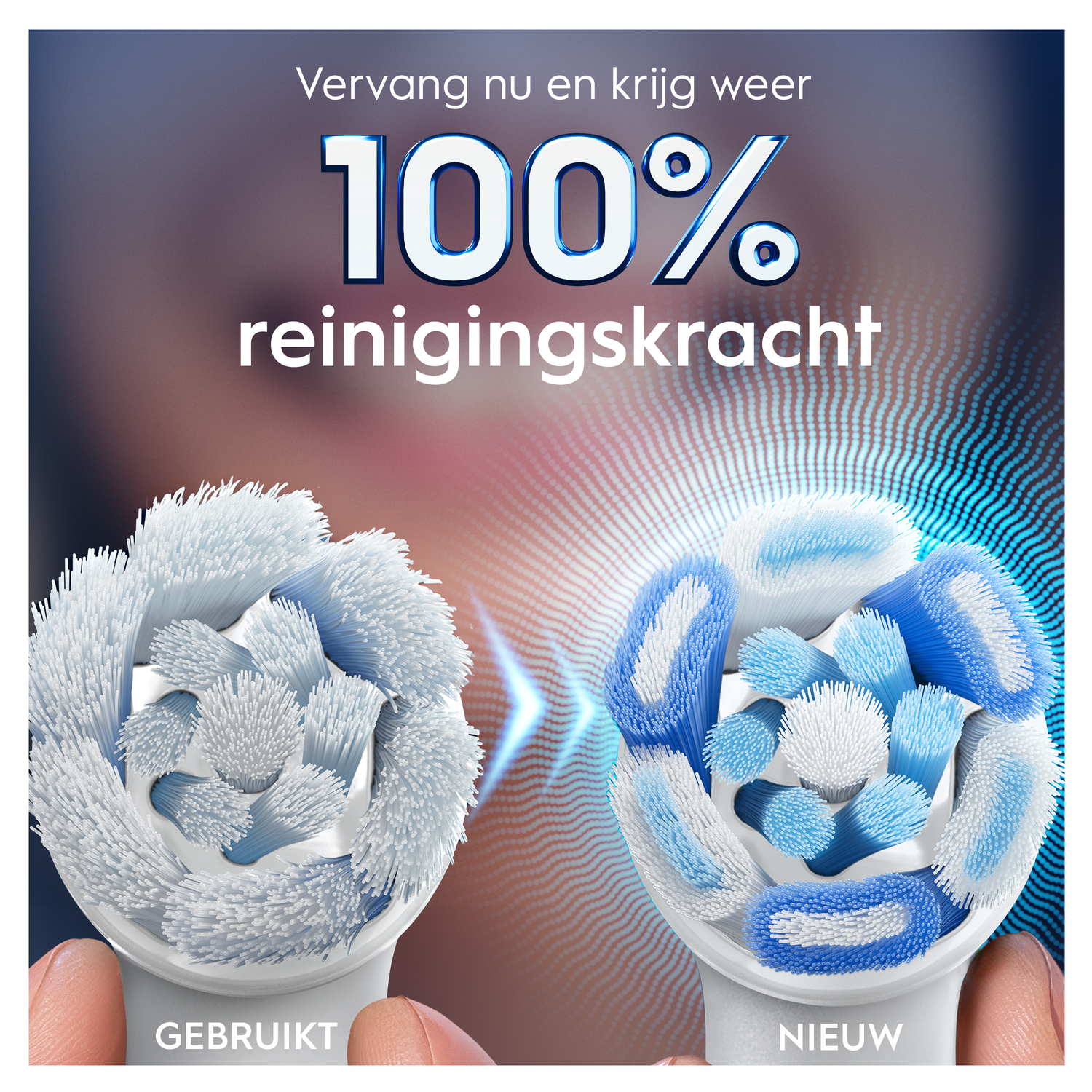 Comparison of brush heads: Used vs. New with 100% cleaning power.