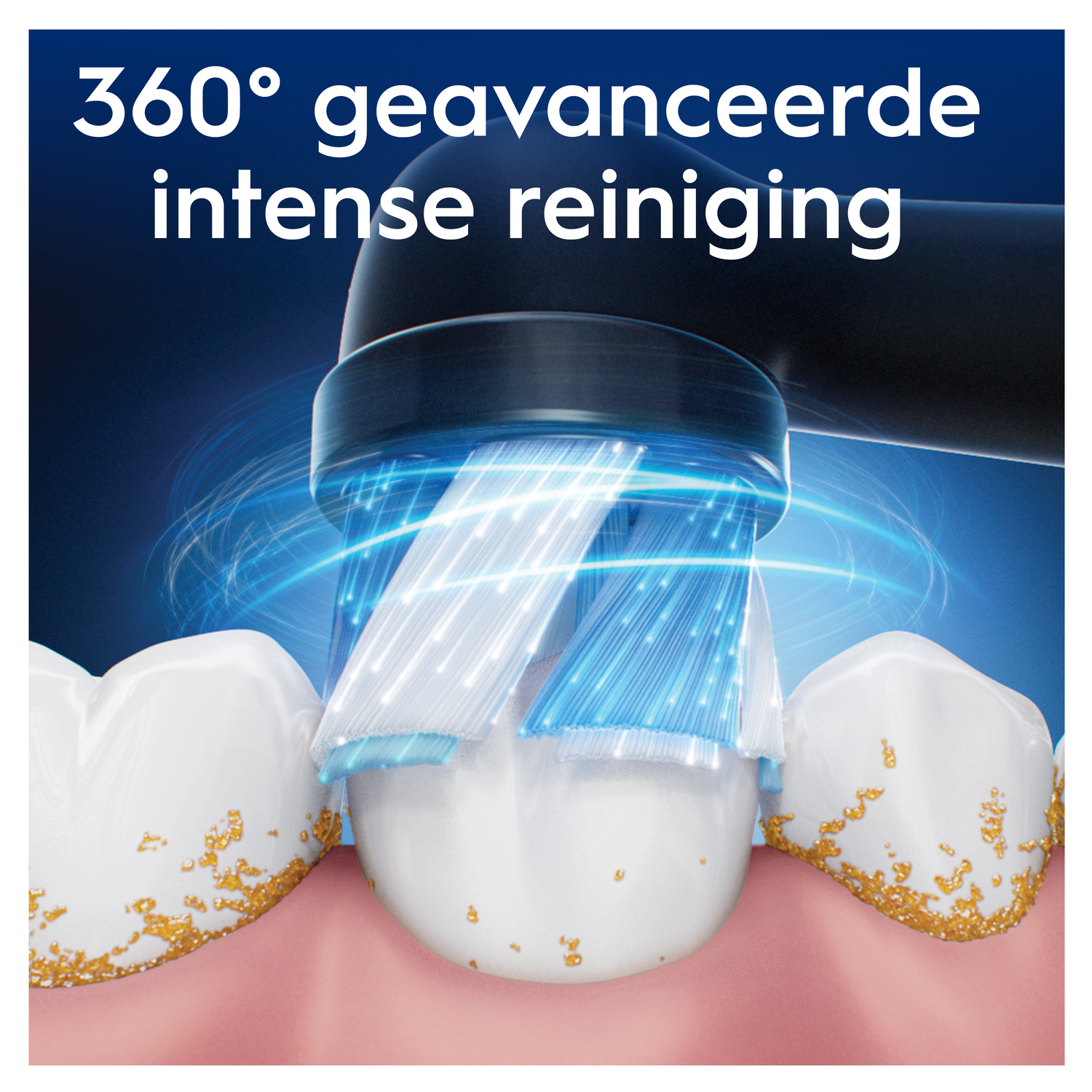 Electric toothbrush cleans teeth with blue bristles, surrounded by light beams.