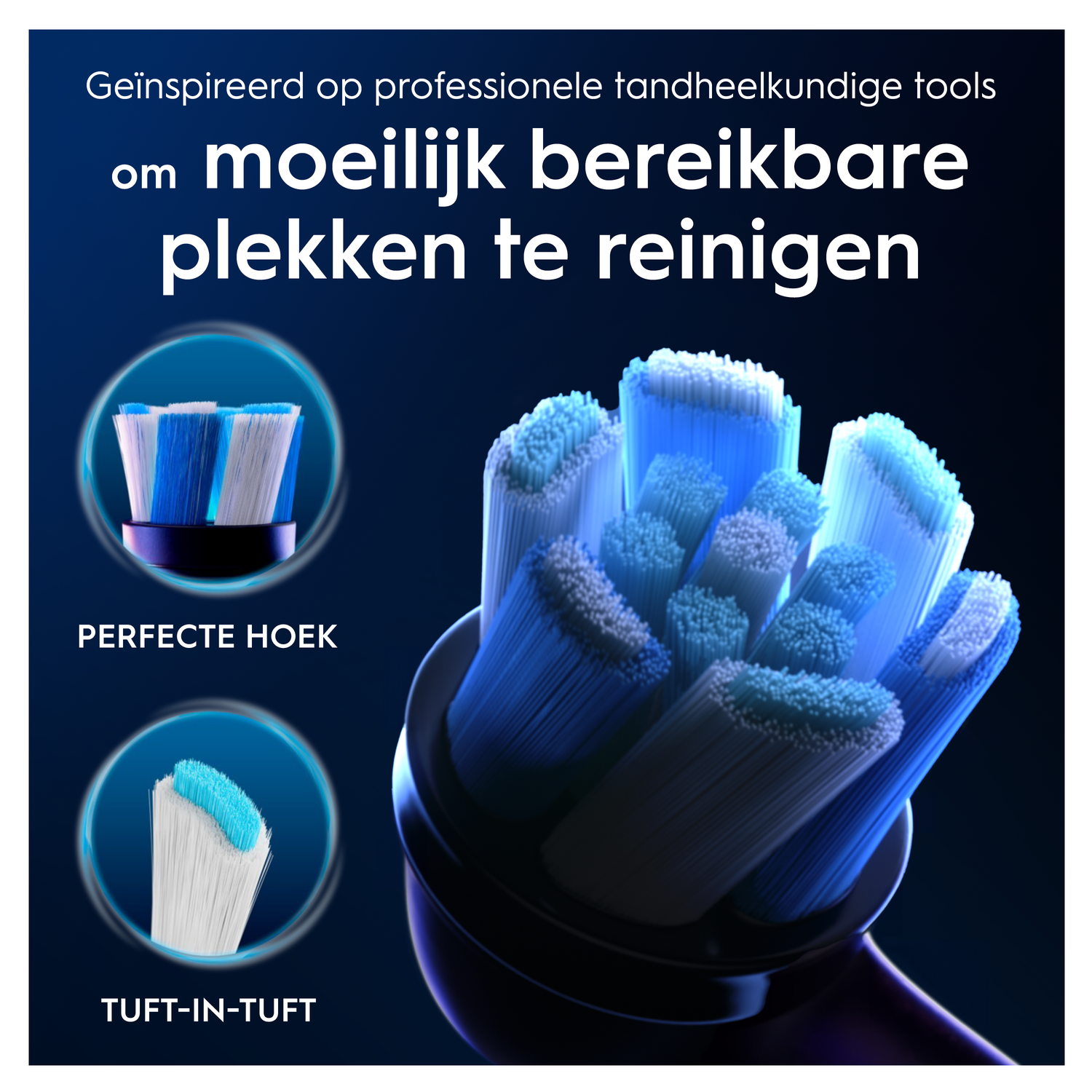 Electric toothbrush with blue and white bristles, inspired by dental tools.