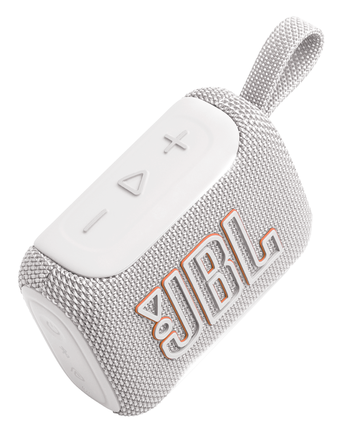 Biały głośnik JBL z tekstylną osłoną i pomarańczowym logo.