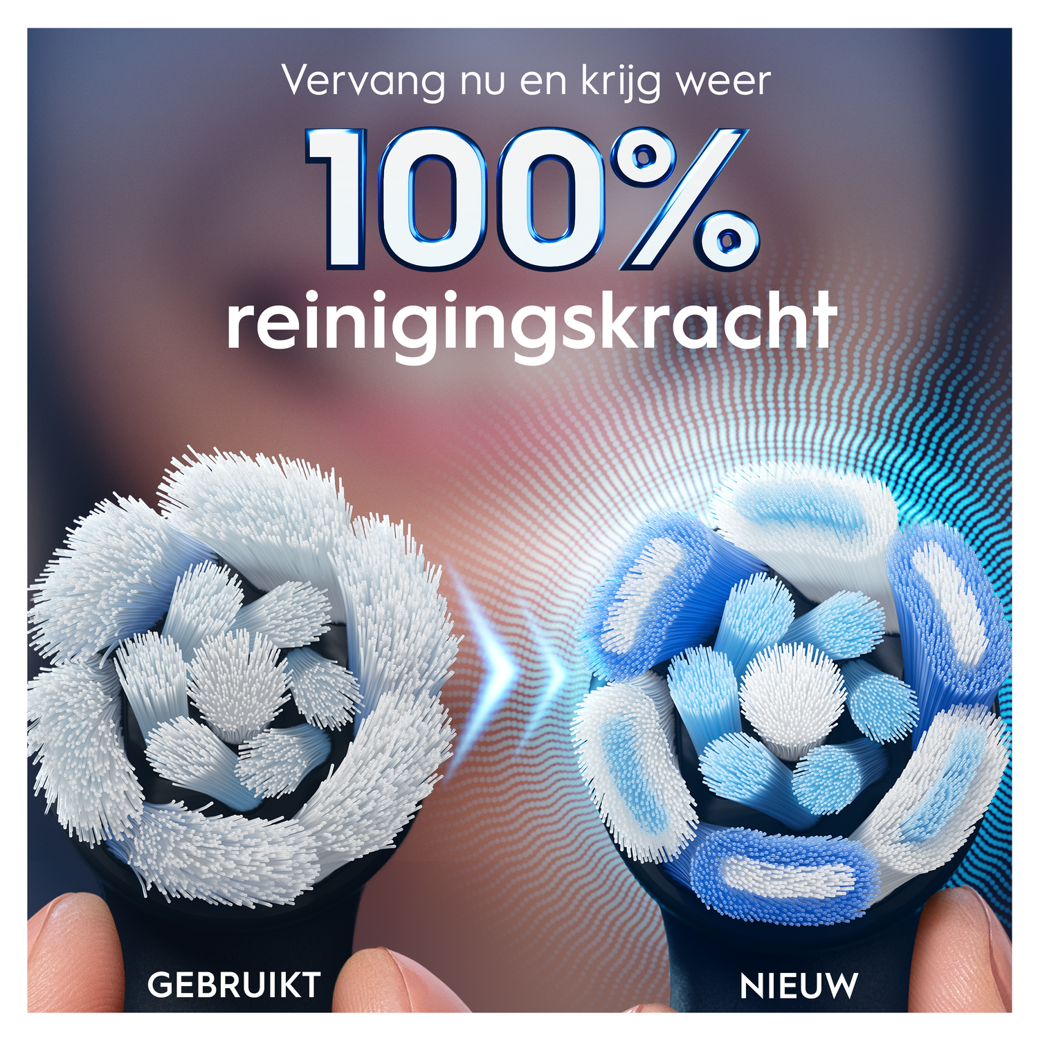 A used and a new electric toothbrush head side by side.