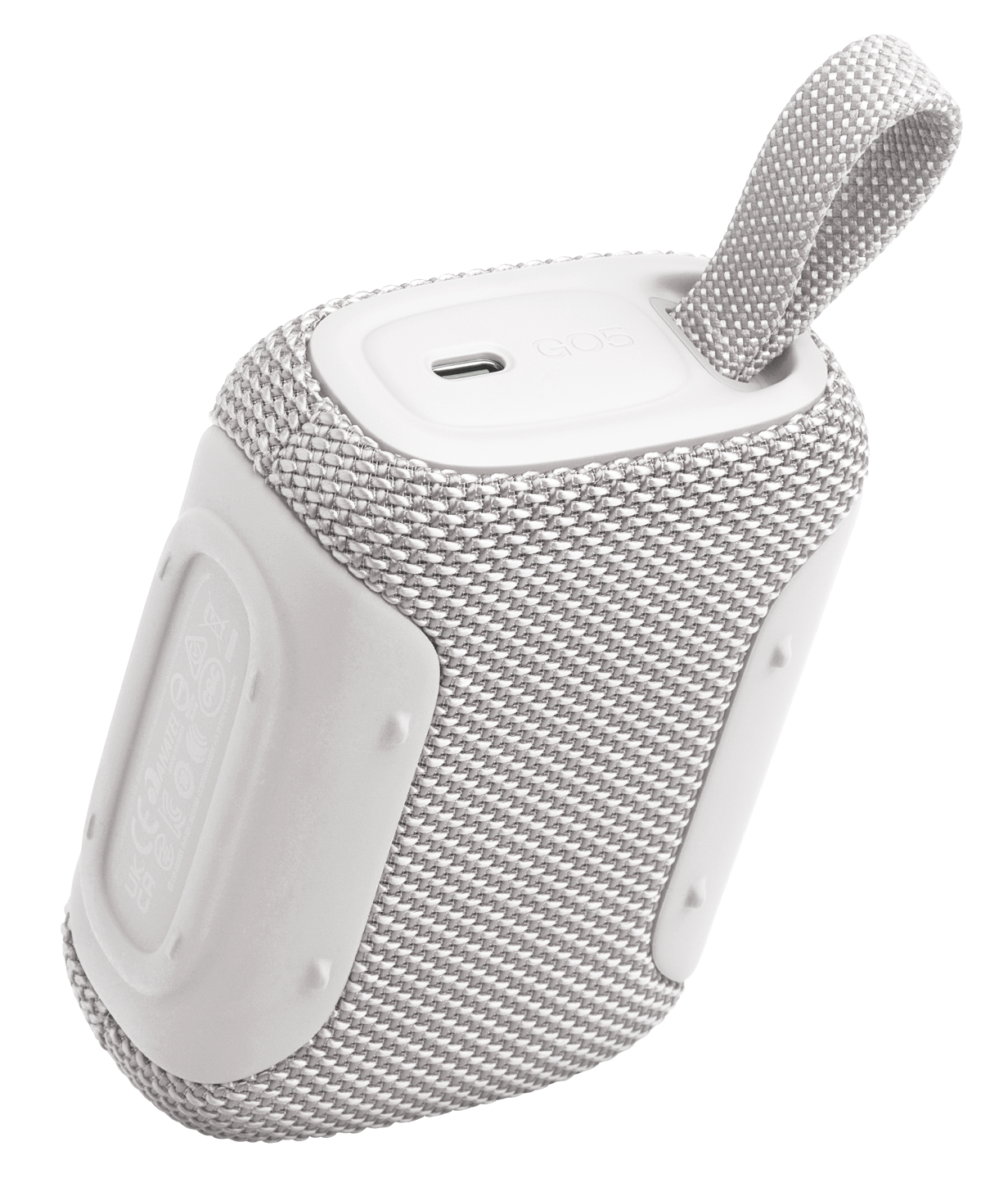 Biały, prostokątny głośnik Bluetooth z materiałową kratką i pętelką.