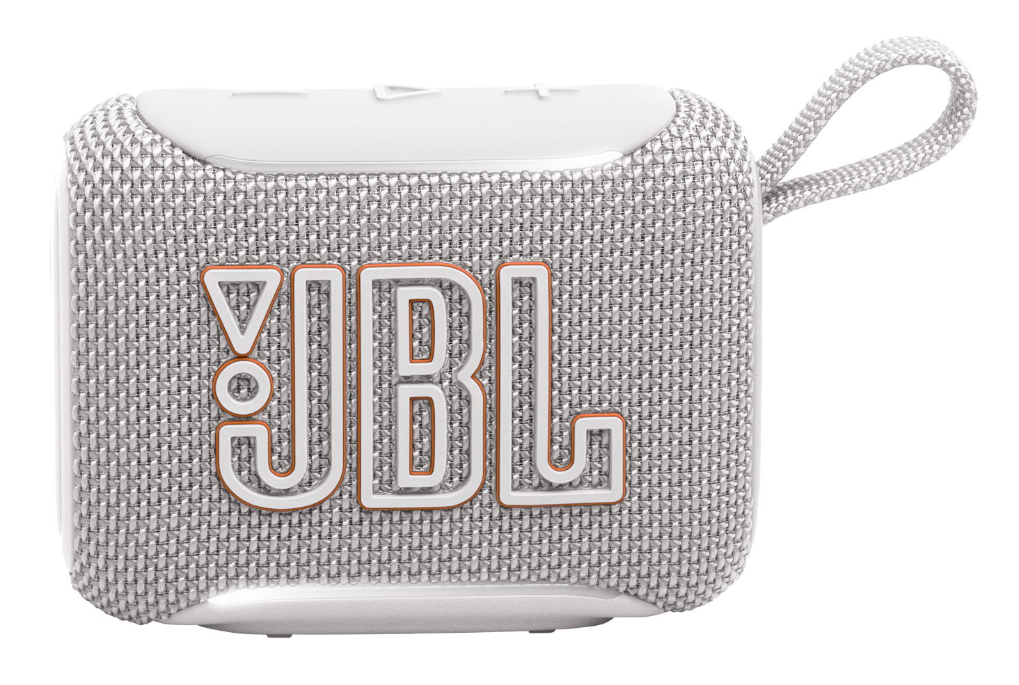 Biały głośnik JBL z materiałowym wykończeniem i pomarańczowym logo.