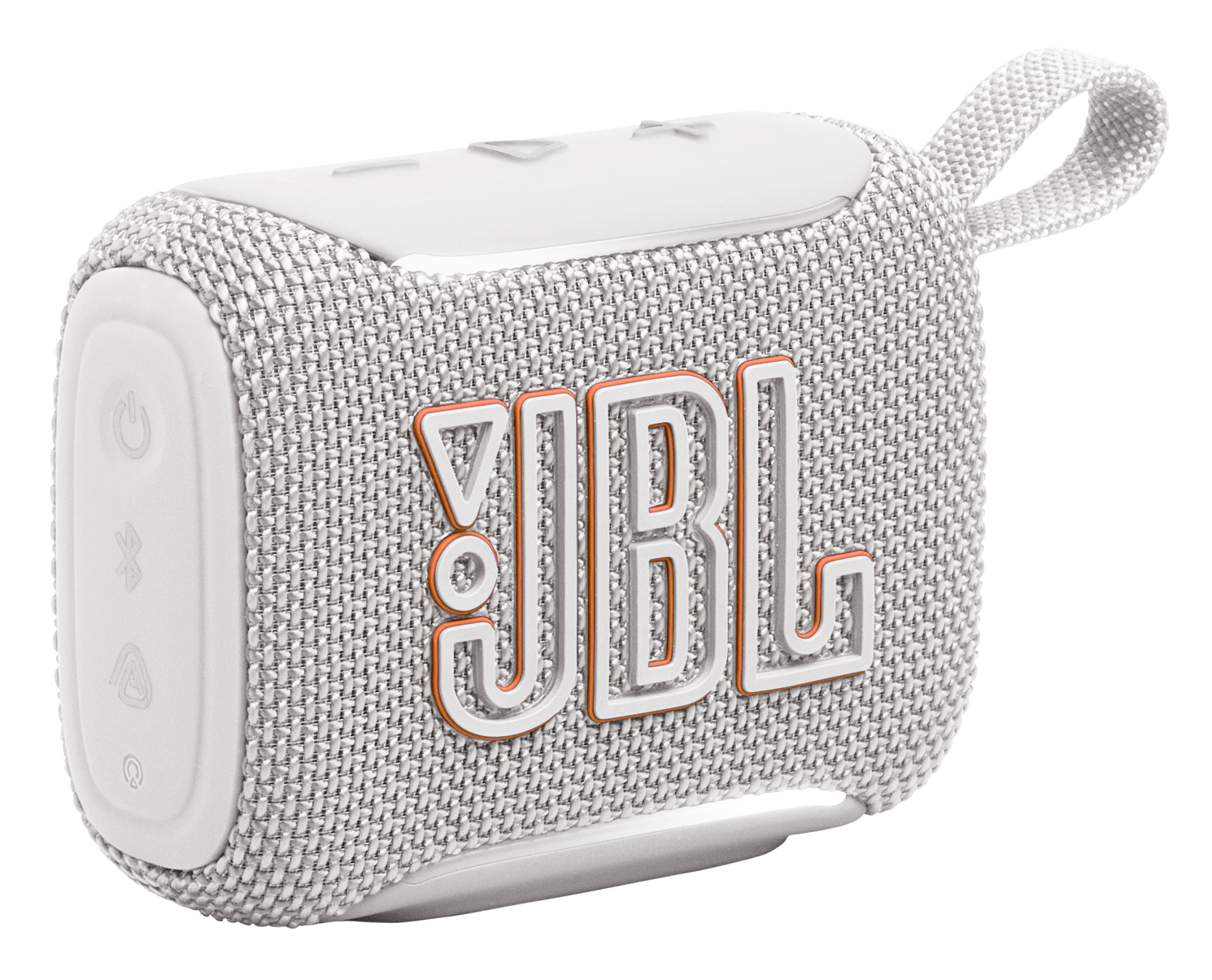 Biały głośnik Bluetooth JBL z pomarańczowymi akcentami i materiałową osłoną.