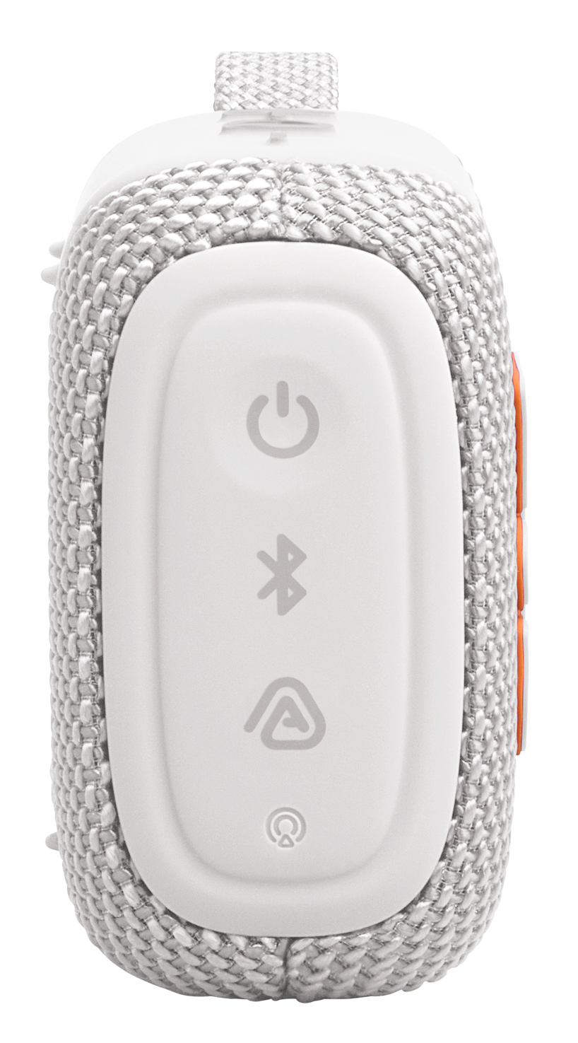 Biały głośnik Bluetooth z tkaniny z przyciskami zasilania, Bluetooth i trybu.