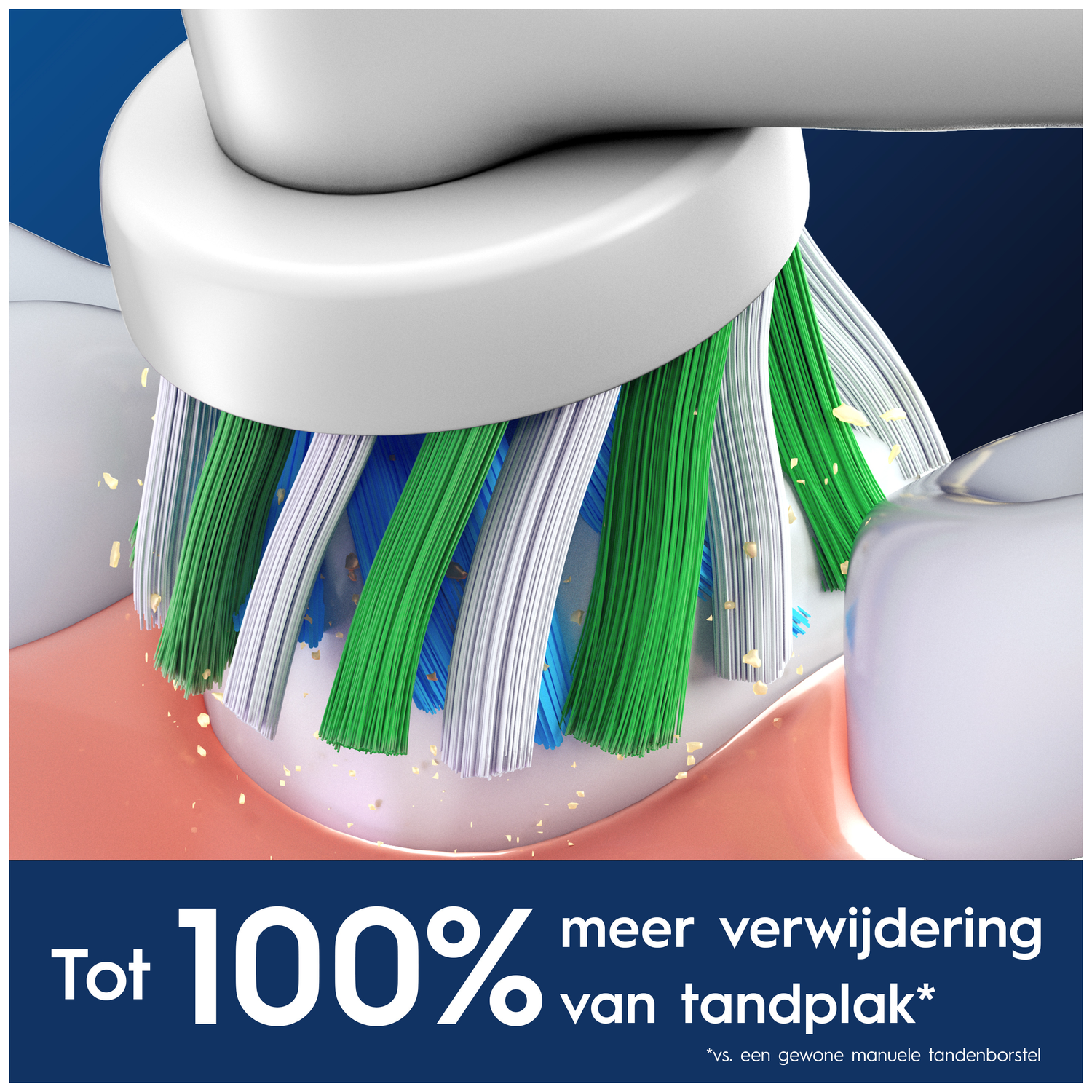 Electric toothbrush cleans teeth with green, white, and blue bristles.
