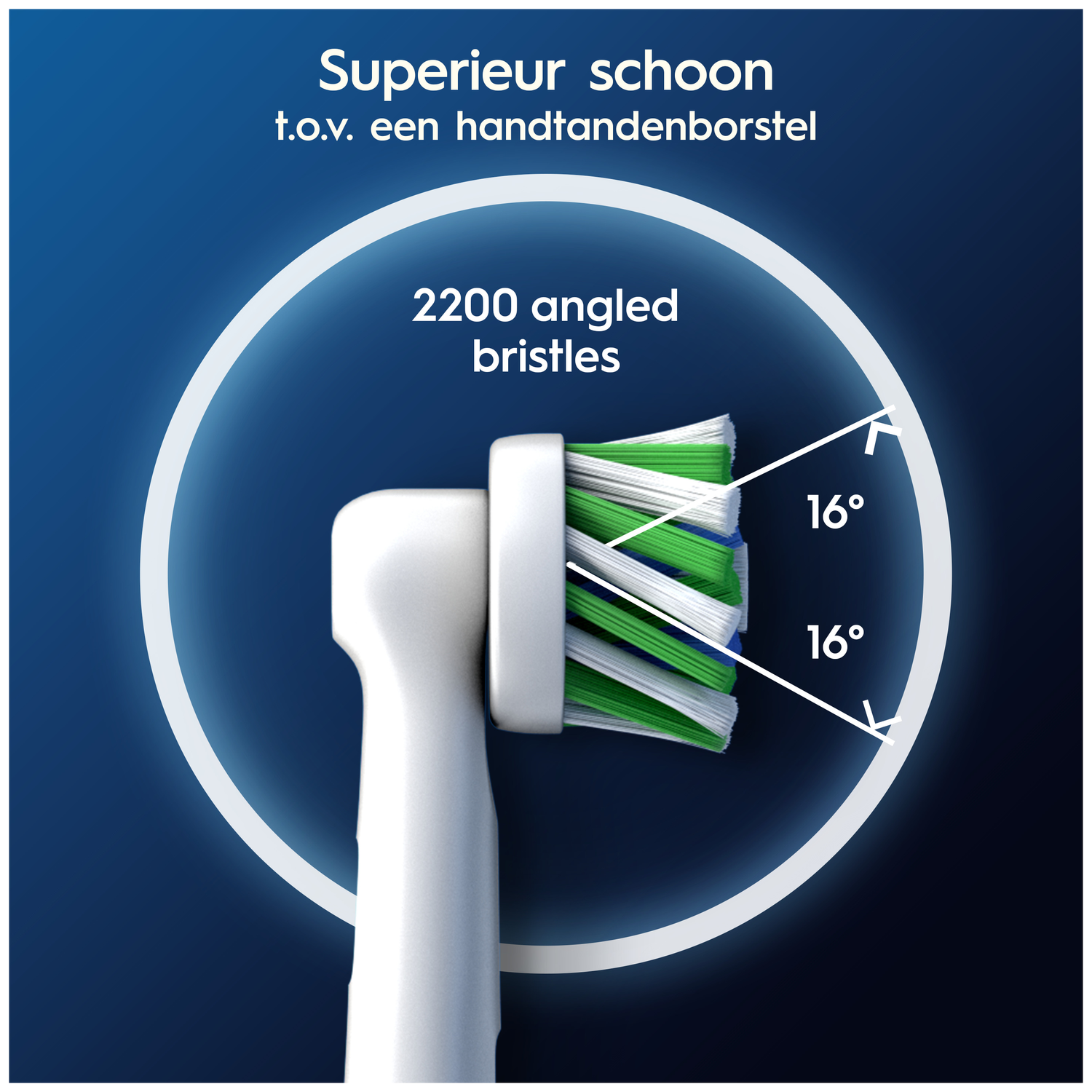 Electric toothbrush head with 2200 bristles at a 16° angle.
