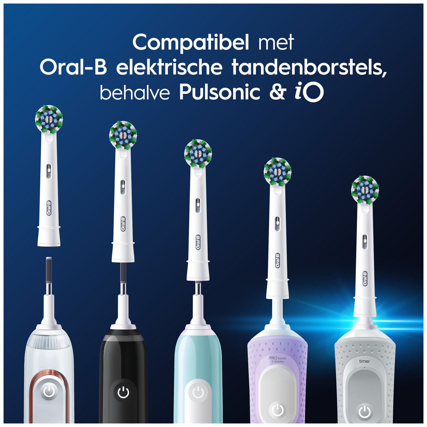 Five Oral-B toothbrush heads above different handles in white, black, teal, purple, and gray.