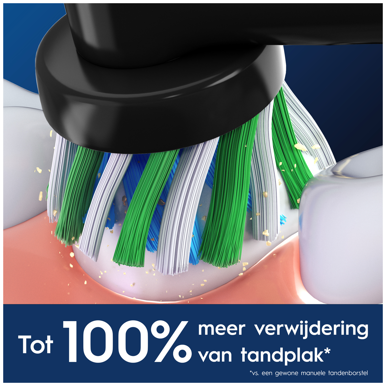 Electric toothbrush cleaning teeth, green, white, blue bristles. Plaque removal.