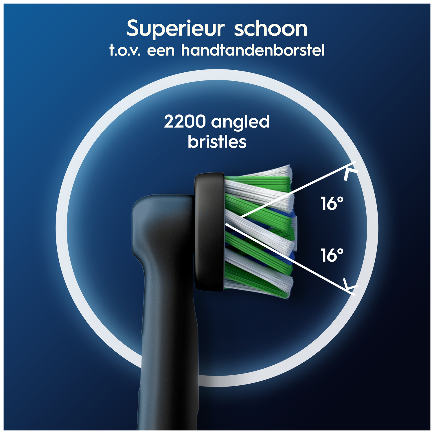 Electric toothbrush head with 2200 bristles angled at 16 degrees.
