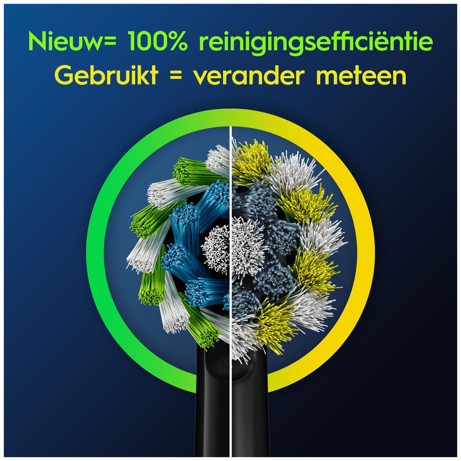 New brush head with green/white bristles and used with grey/yellow bristles.