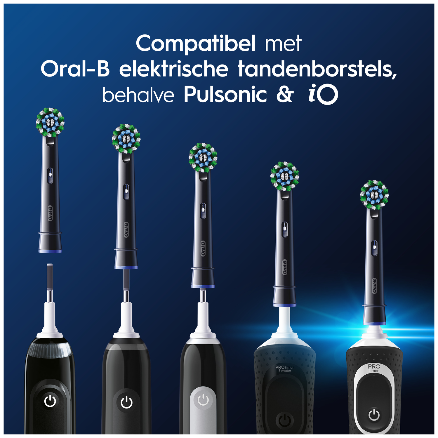 Five black Oral-B electric toothbrushes with brush heads on a dark blue background.