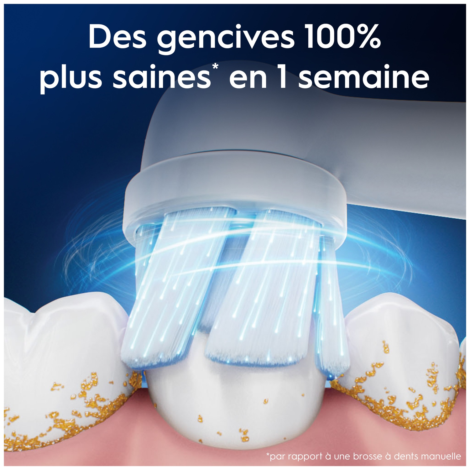 Brosse à dents électrique nettoie dents avec plaque jaune. Lumières bleues entourent les poils.