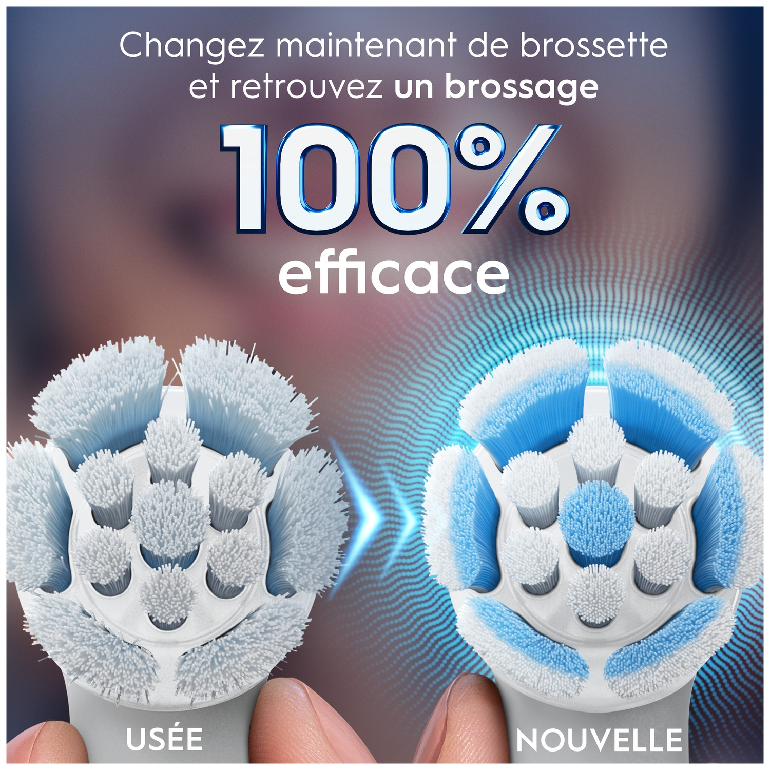 Comparaison de deux têtes de brosse à dents: une usée et une nouvelle.