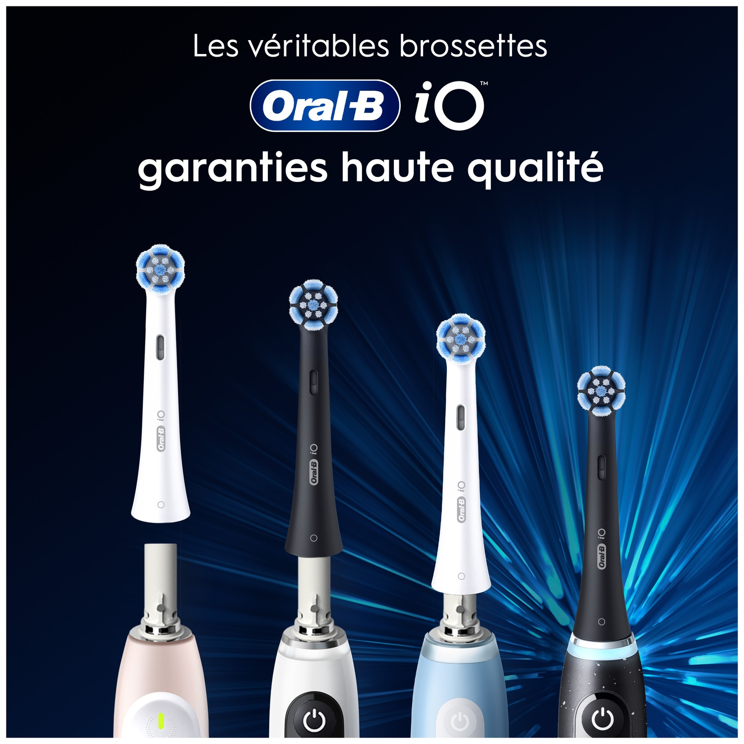 Quatre têtes et manches de brosse à dents électriques de différentes couleurs.