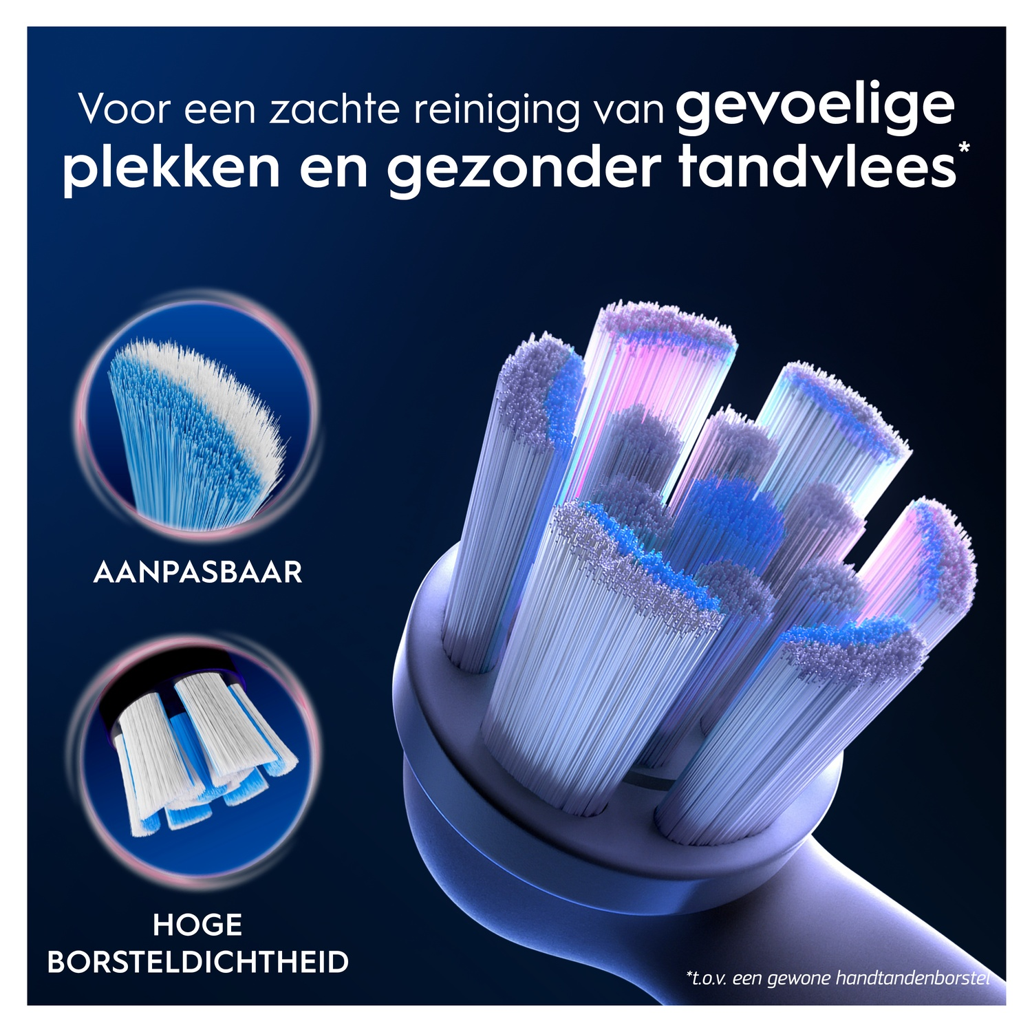 Tête de brosse à dents électrique avec poils bleus et blancs, gros plan.