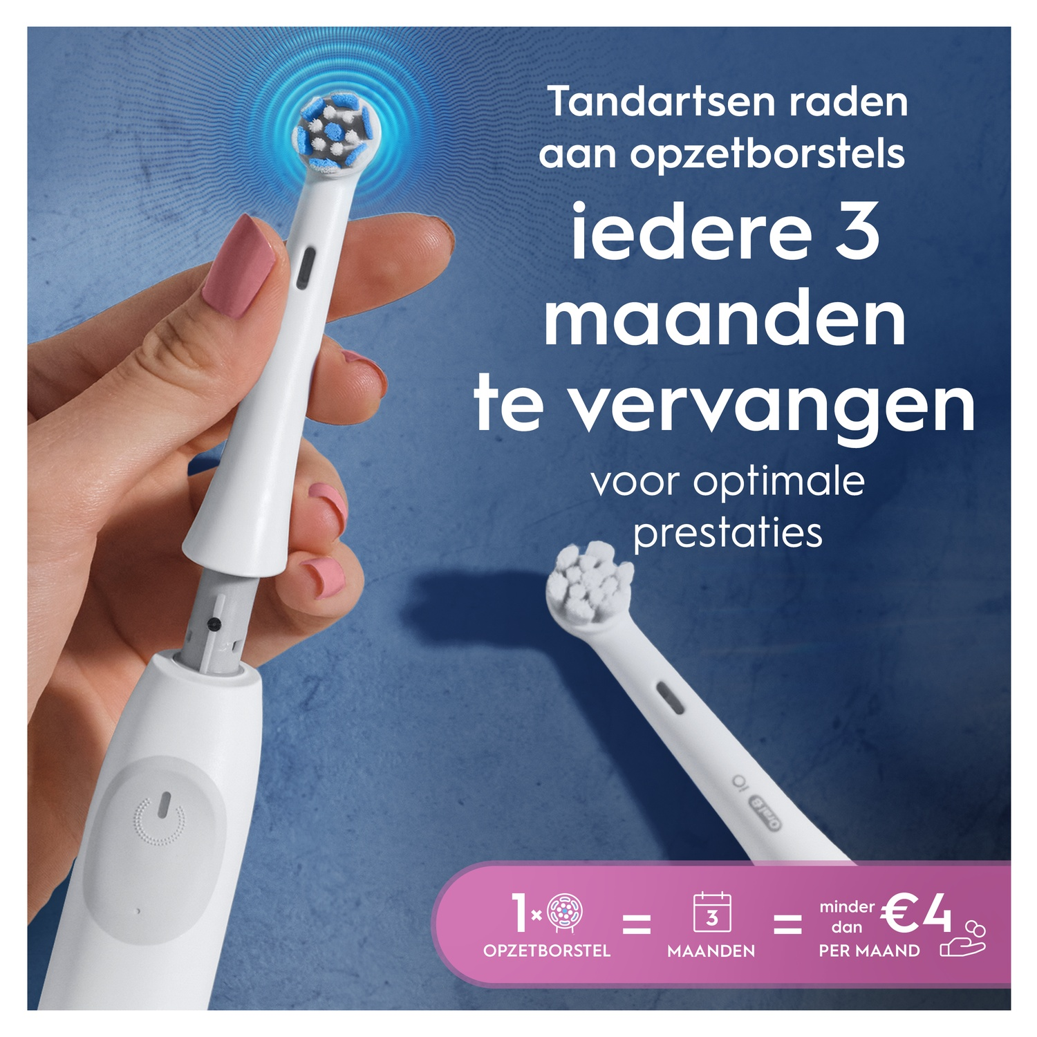 Une main tient une brosse à dents avec une tête. Texte sur le remplacement tous les 3 mois.