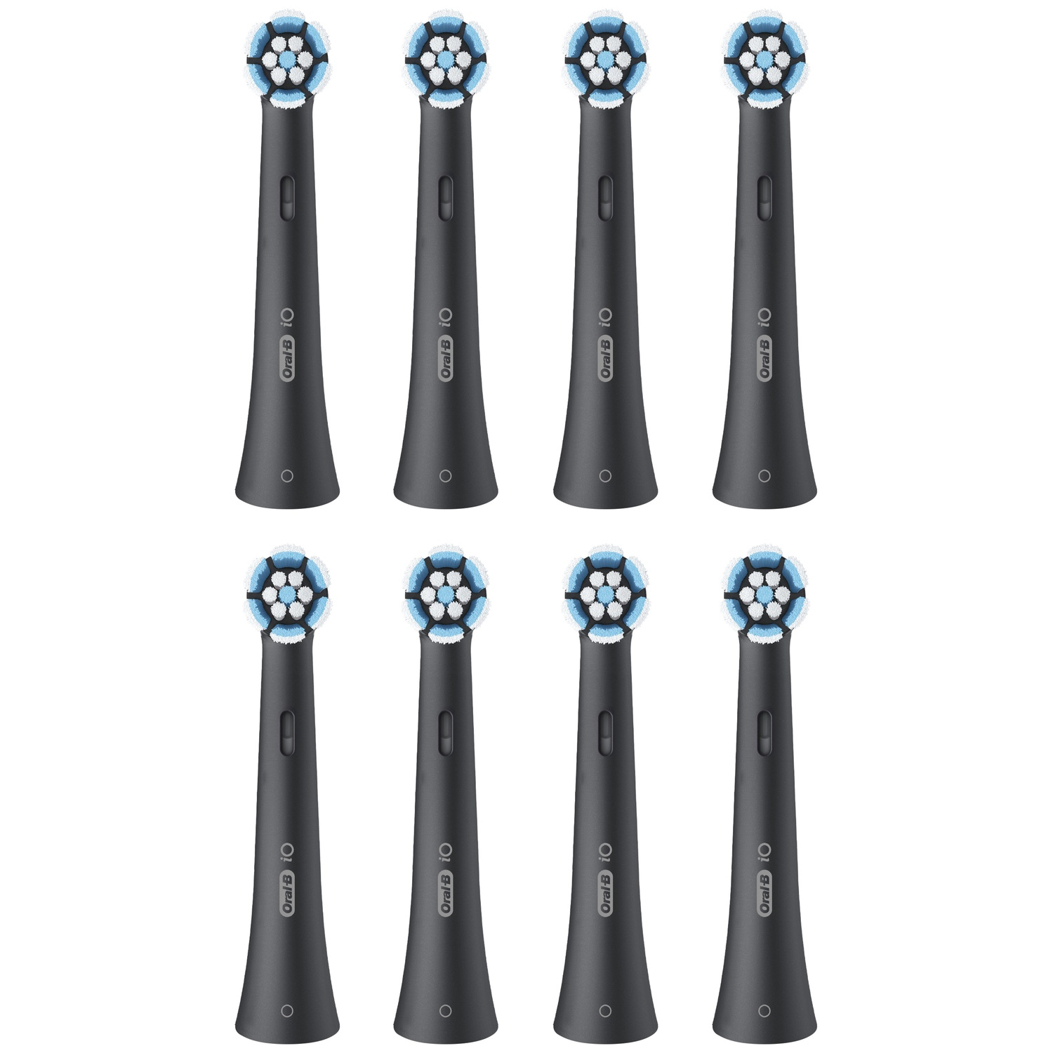 Huit têtes de brosse à dents noires avec des poils bleus et blancs.