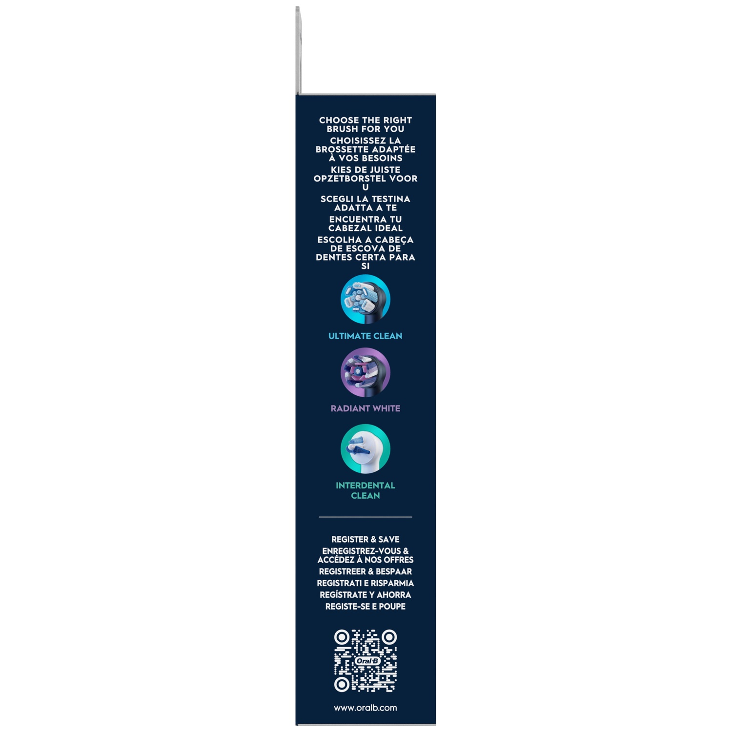 L'emballage montre des têtes de brosse Oral-B : Ultimate Clean, Radiant White, Interdental Clean.