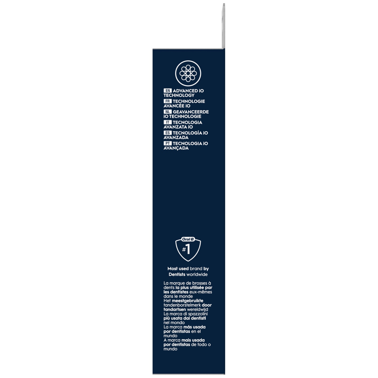 Emballage montre logo Oral-B, marque n°1 dentistes, et infos technologiques multilingues.