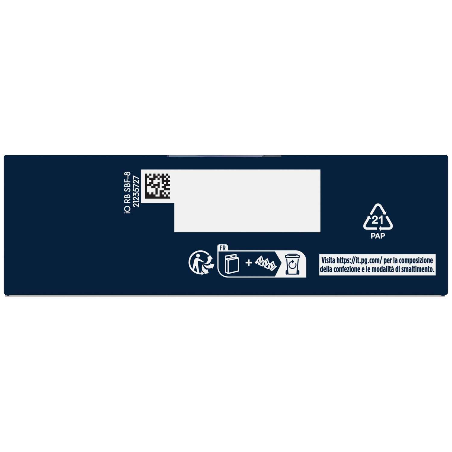 Boîte bleu foncé avec symboles de recyclage et code QR.