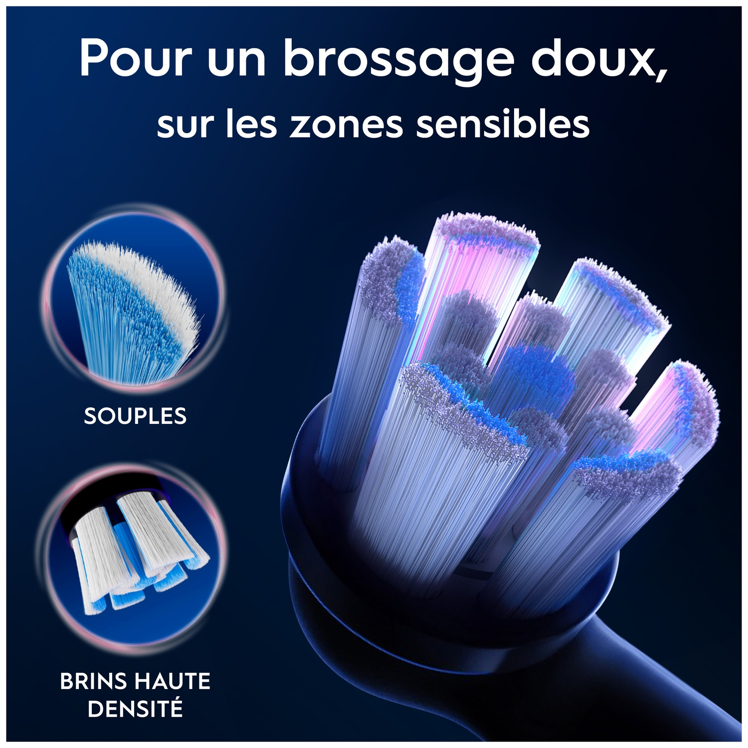 Gros plan d'une brosse à dents électrique avec des poils bleus et blancs.