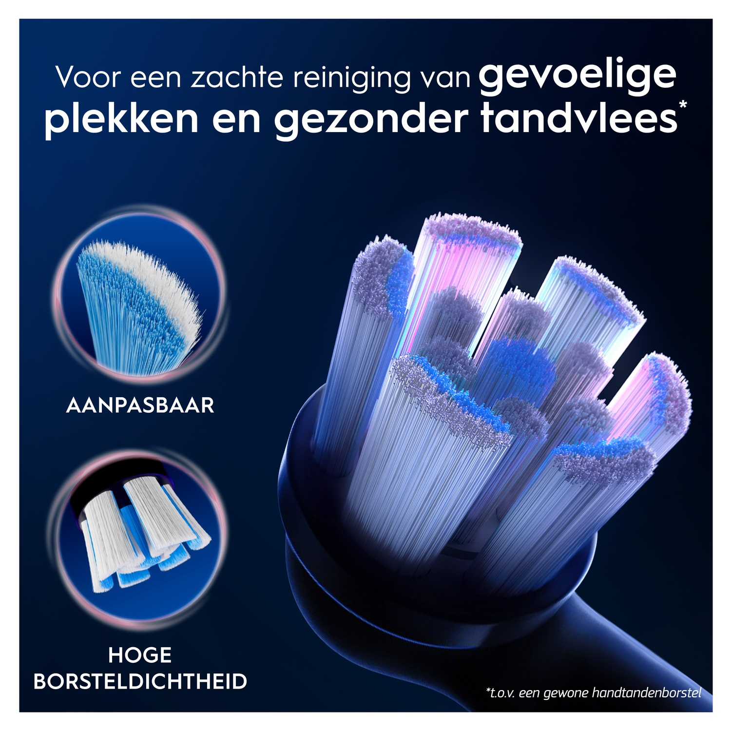 Tête de brosse à dents électrique avec poils bleus et blancs, gros plan.