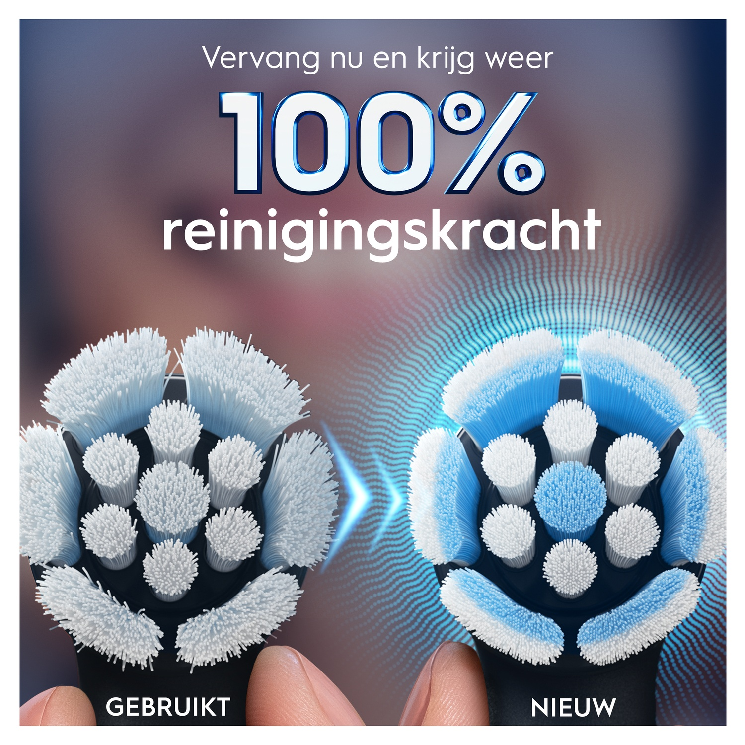 Comparaison de têtes de brosse à dents usagées et neuves montrant 100% de puissance.