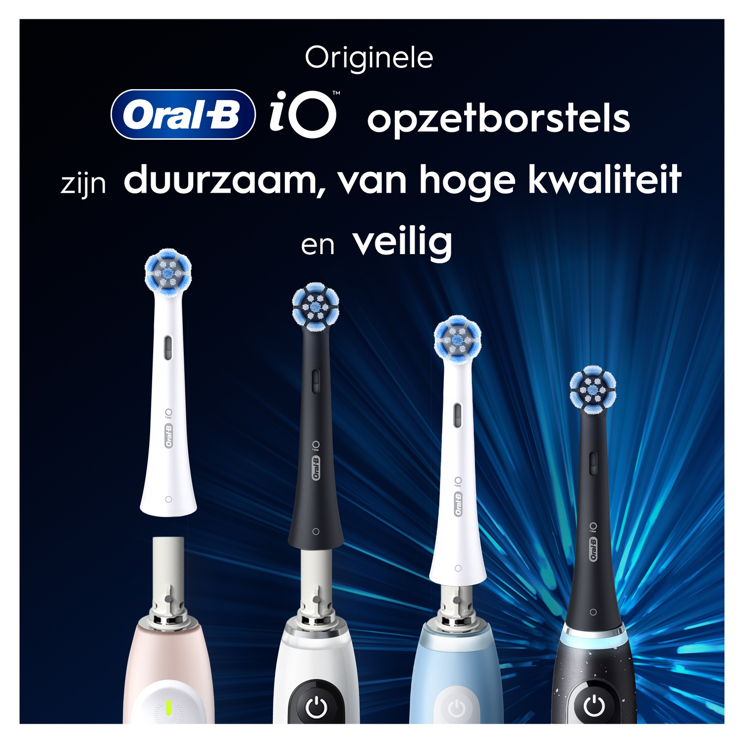 Quatre têtes et manches de brosse à dents Oral-B iO blancs, noirs et roses sur fond bleu.