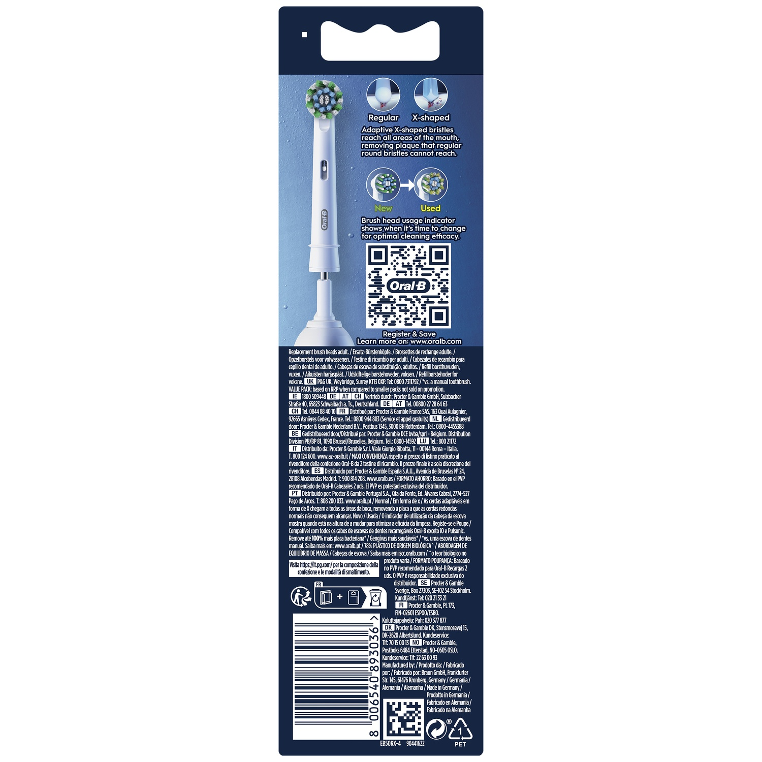 Oral-B toothbrush head with X-shaped bristles and usage indicator.