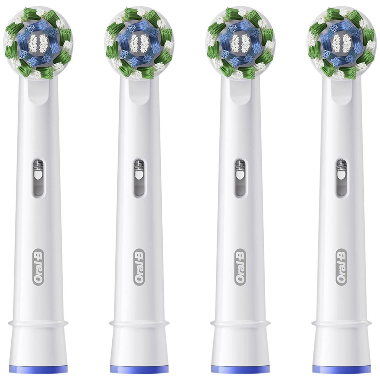 Four white Oral-B toothbrush heads with blue and green bristles arranged side-by-side.