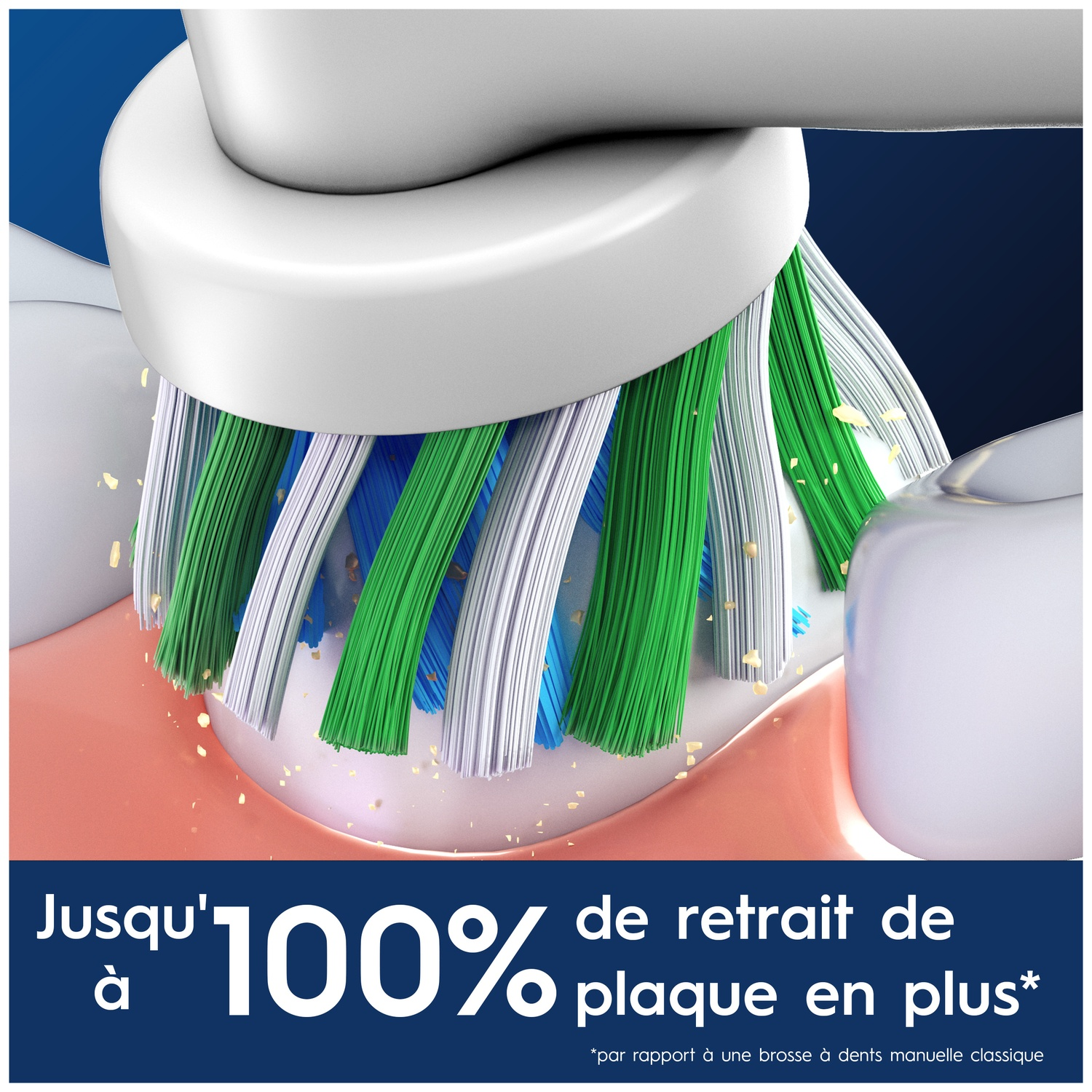 Electric toothbrush cleaning teeth and gums. 100% more plaque removal.