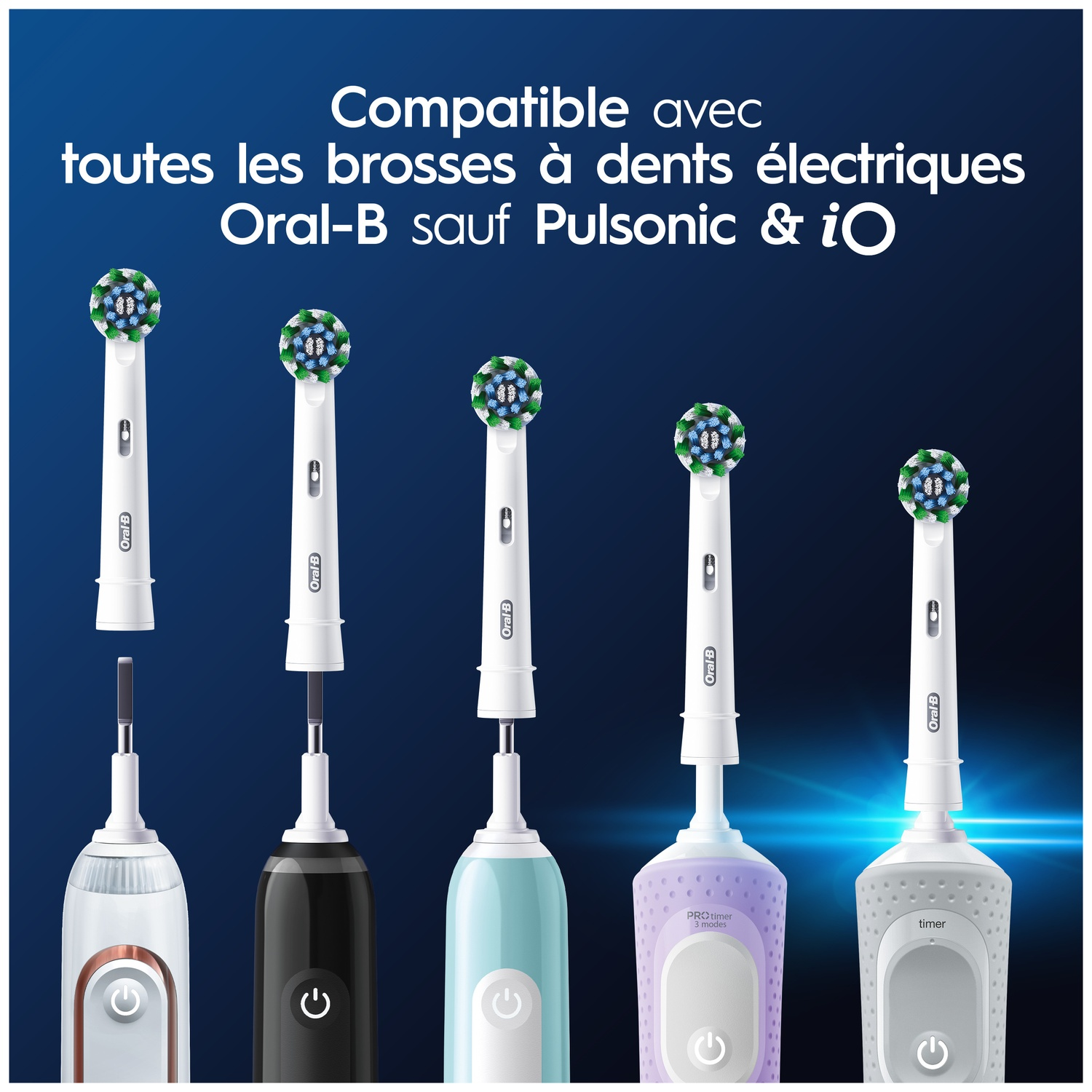 Five electric toothbrush heads on a dark background. Compatible with Oral-B.