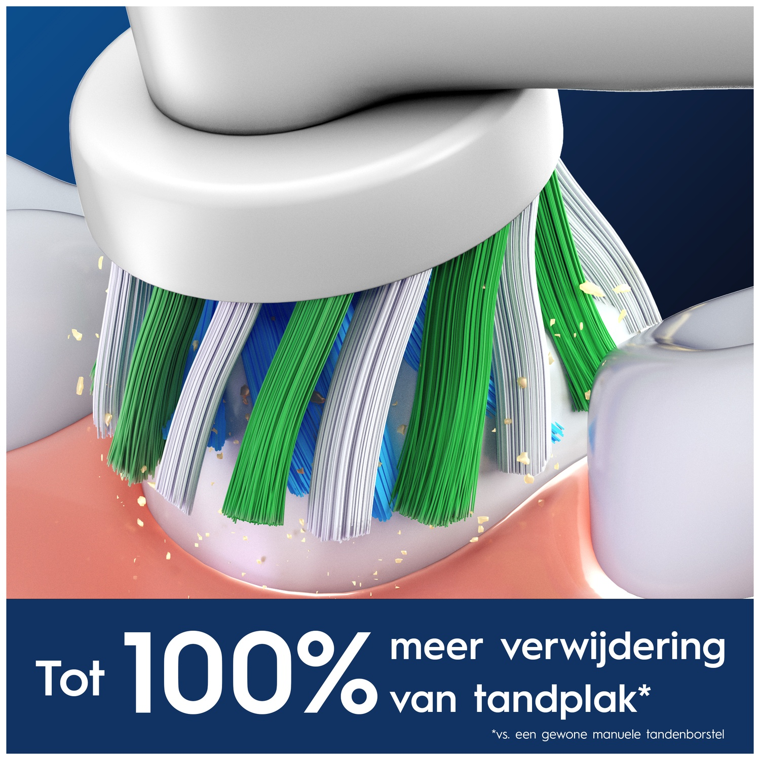 Electric toothbrush cleaning teeth, removing plaque.