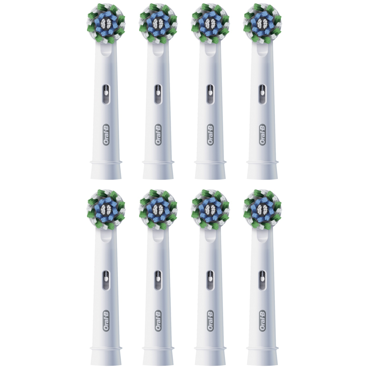 Acht witte Oral-B opzetborstels met blauwe, groene en witte haren.