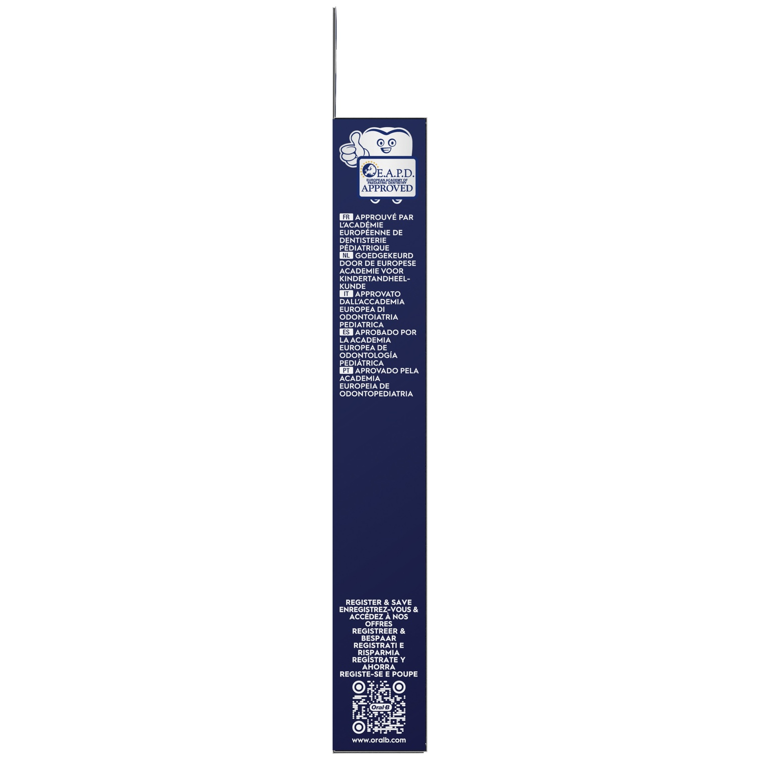 Logo E.A.P.D. Approved et texte multilingue, code QR, logo Oral-B.