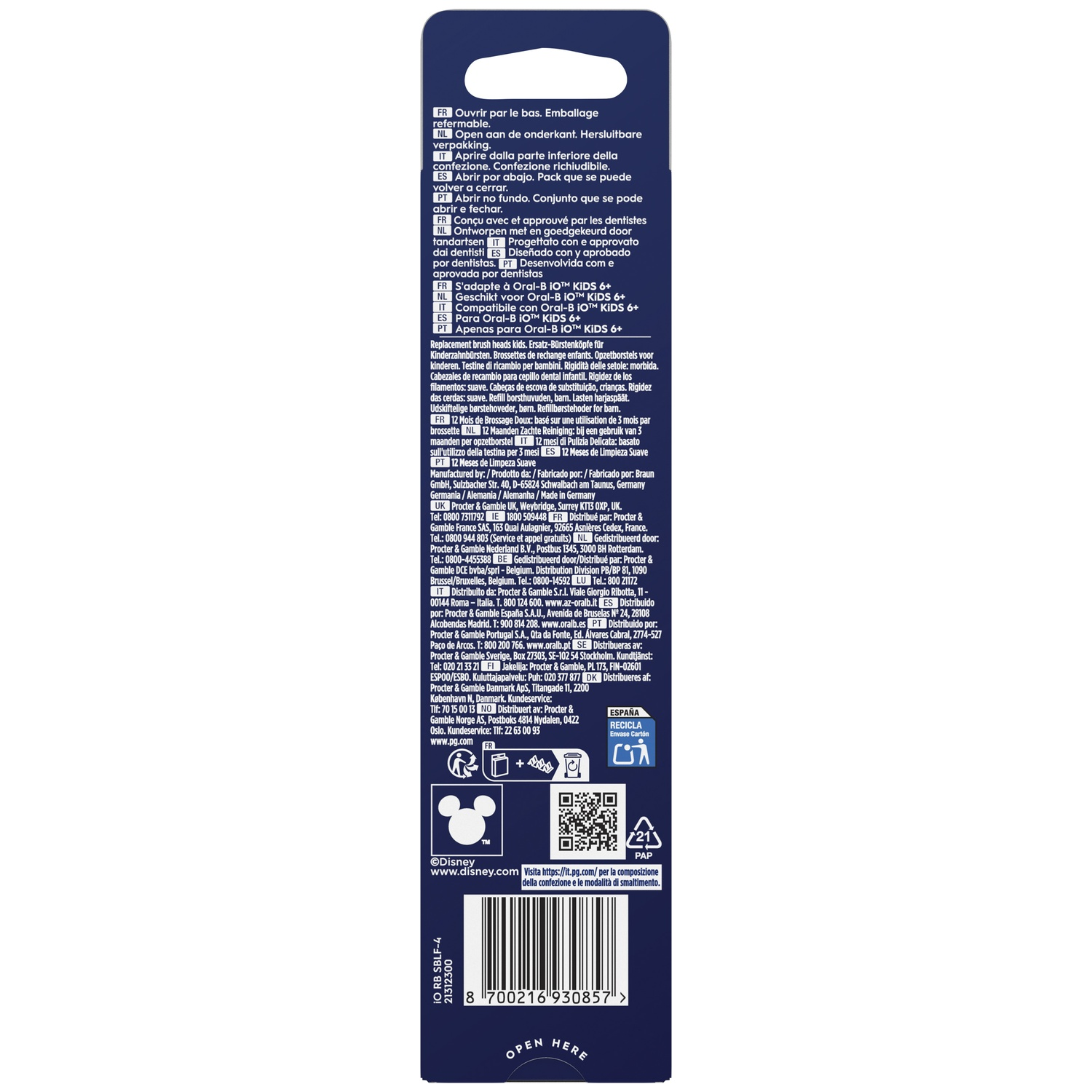 Emballage avec instructions et icônes multilingues pour têtes de brosse.