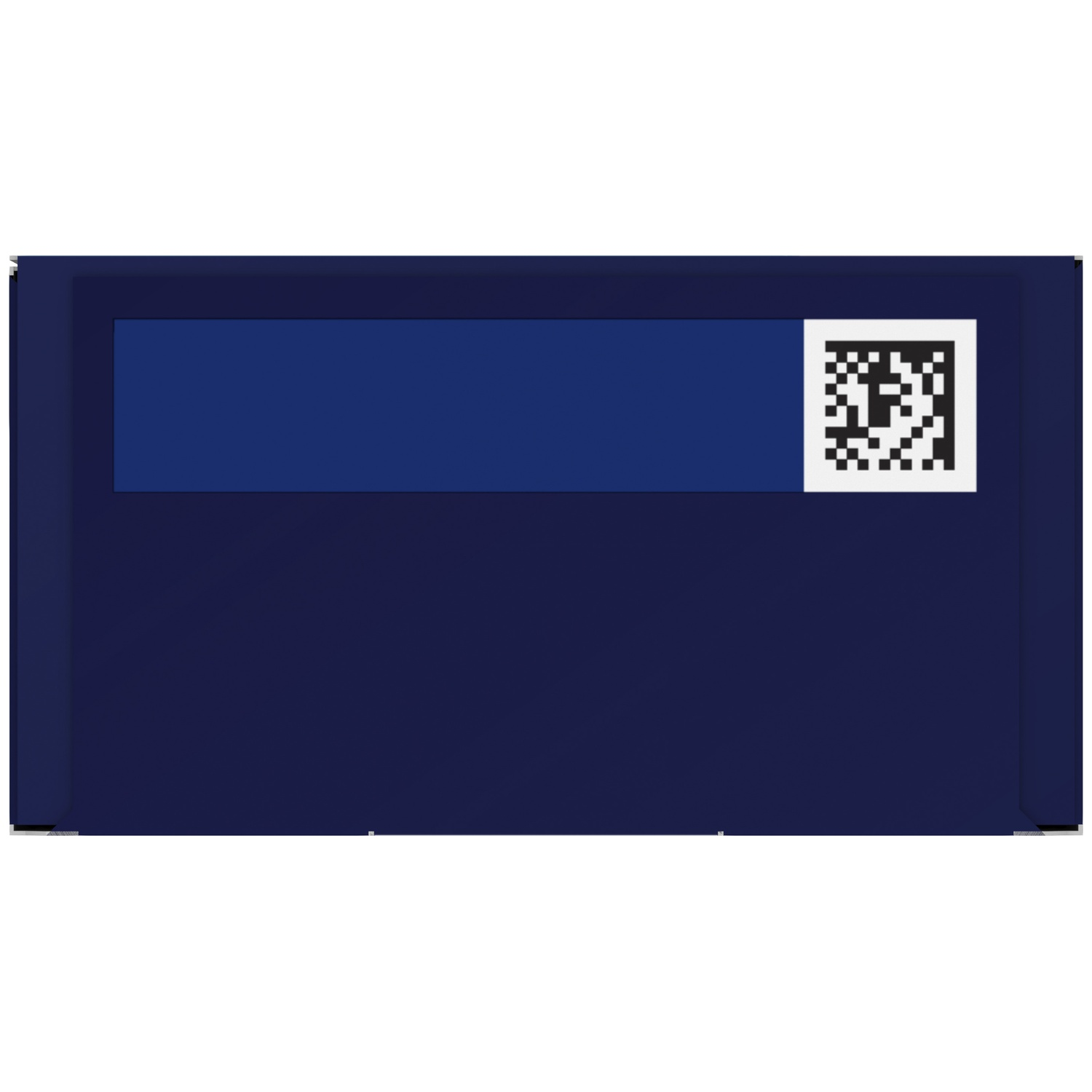 Boîte bleu foncé avec un panneau bleu rectangulaire et un code QR à droite.